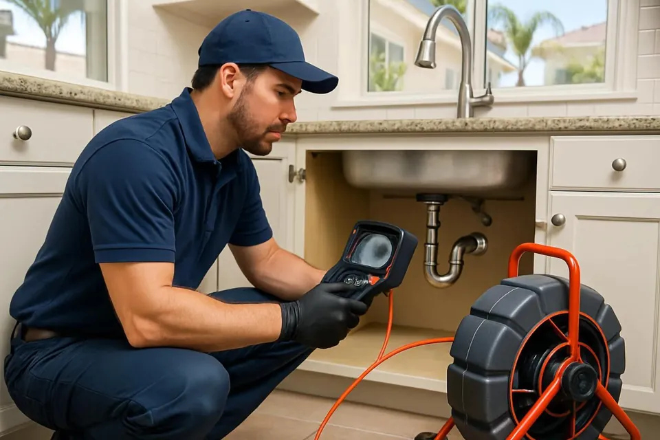 Plumber checking a drain camera monitor beside an open kitchen sink cabinet