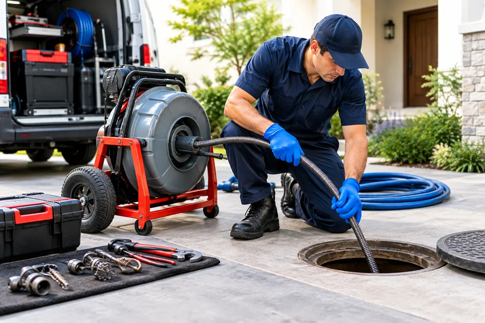 Certified tech feeding a drain cleaning machine cable into a cleanout, service van parked behind