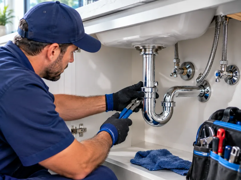 Plumber loosening a chrome sink P-trap with pliers to clear a slow bathroom drain